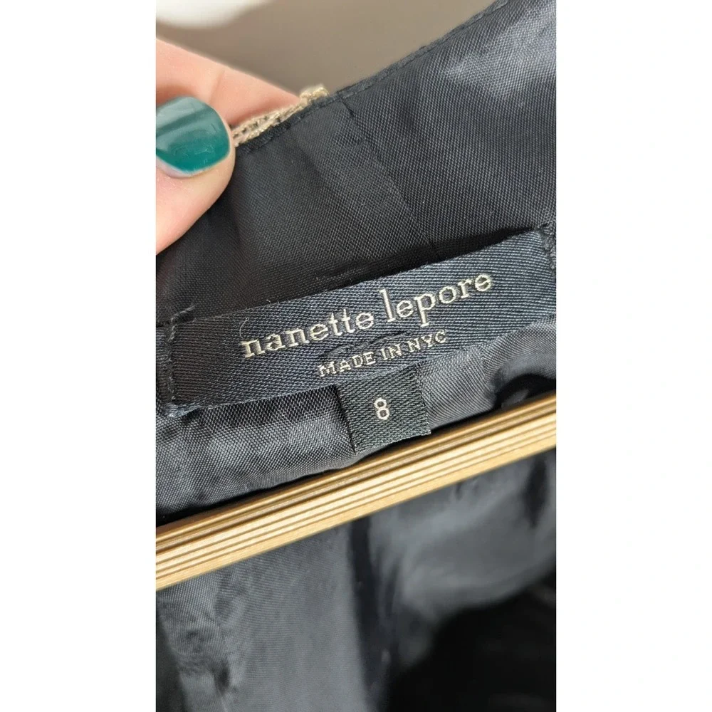 Nanette Lepore Womens Cocktail Dress 8 Black Goldish Lace Lined Belted Fit Flare - Picture 5 of 9